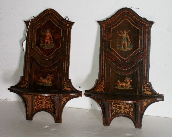 Pr of 19th C Adams style carved oak and painted br: Pair of 19th C Adams style carved oak and painted wall brackets. H: 16 1/4" W: 10 3/4"