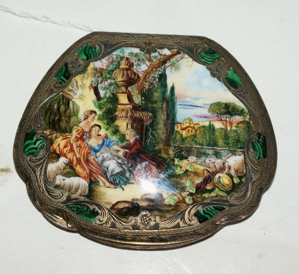 Continental '800' silver and enamel compact: Continental '800' silver and enamel compact depicting a bucolic scene. 2 3/4" x 3 1/4"