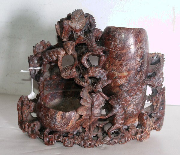 Chinese carved soapstone double vase with foliage,: monkeys and bird. 8 1/2" x 9"