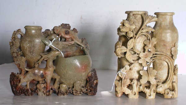 Two Chinese carved soapstone vases,: one with deer, monkey and bat the other with a double vase foliage (2). Tallest: 7 1/4"