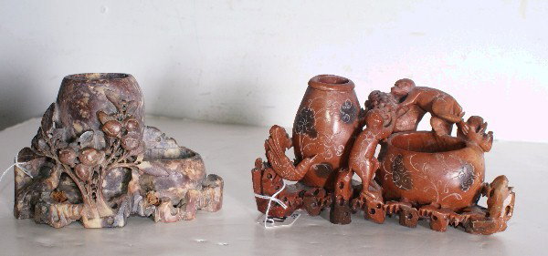 Two Chinese carved soapstone vases,: a double vase with monkeys and bird and a double vase with bird and foliage (2). 4 1/2"