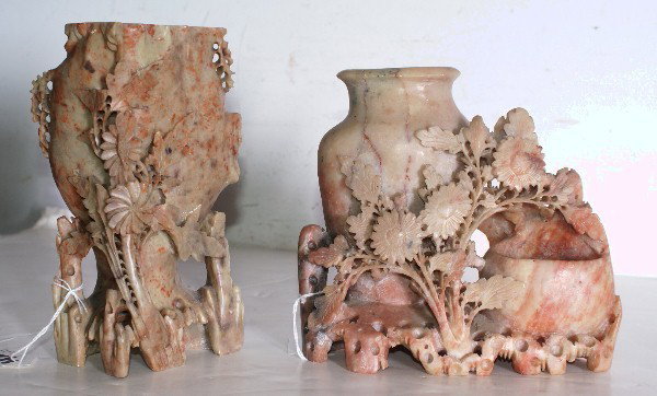 Two Chinese carved soapstone vases,: a double vase with foliage and a single vase with foliage. (2) Tallest: 7 1/4"