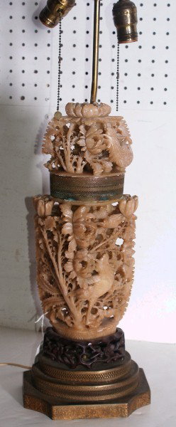 Chinese carved soapstone vase mounted as a lamp.: Overall height: 32 1/2"