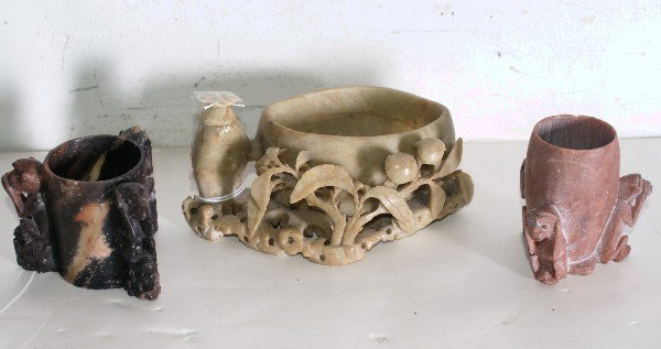 Three Chinese carved soapstone pieces.: Largest: 5 1/2"