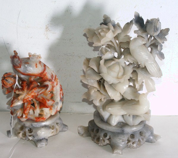 Two Chinese carved soapstone bird and flower group: Tallest: 9"