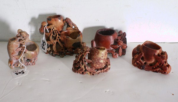 Five Chinese carved soapstone vases.: Largest: 4 1/2"