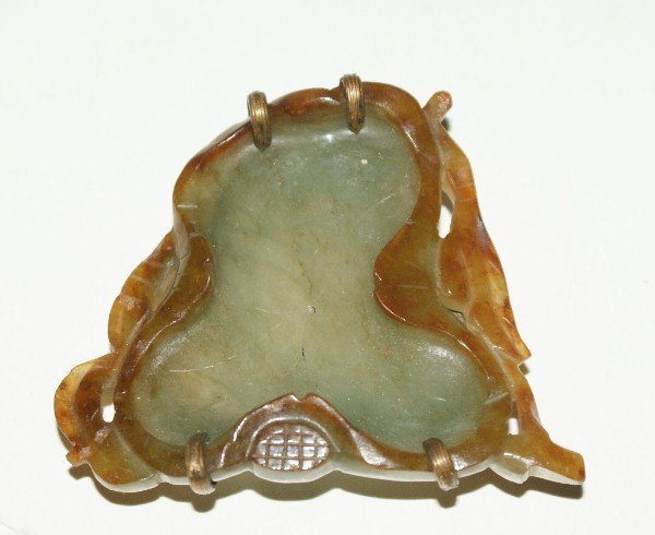 19th C Chinese Russet jade brush washer: 19th C Chinese pale celadon and russet jade brush washer in the form of a leaf in a bronze frame on carved carnelian feet. W 2.5" L 2 1/2" Note: Although unsigned this piece is similar to other pieces