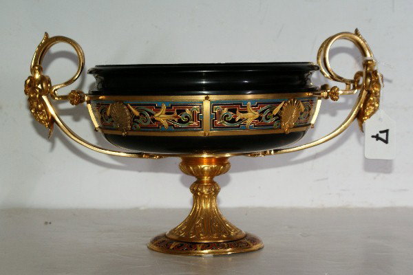 Signed F. Barbedienne bronze ormolu and champlevé en: Signed F. Barbedienne bronze ormolu and champlevé enamel centerpiece with black marble bowl. H: 6 3/4" Diameter over handles: 13"