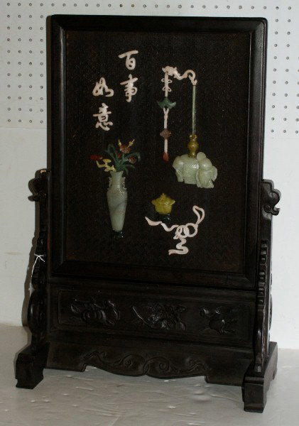Antique Chinese table screen with jade and other ha: Antique Chinese table screen with jade and other hardstones. H: 27 1/2" W: 18 3/4" D: 9 1/2"