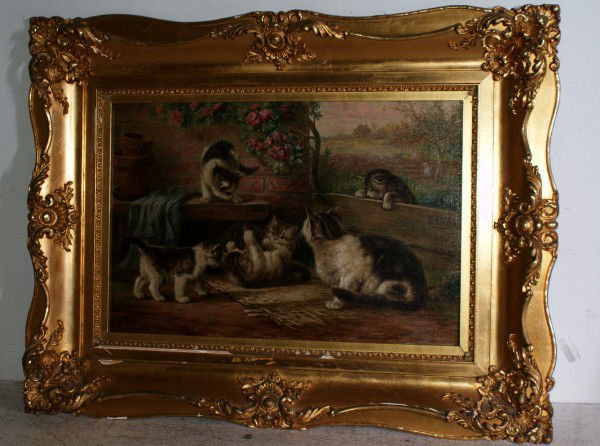 August Laux, American 1847-1921,: "Cat with her Kittens at Play" oil on canvas, signed middle right: A. Laux. Sight size: 16" x 24"