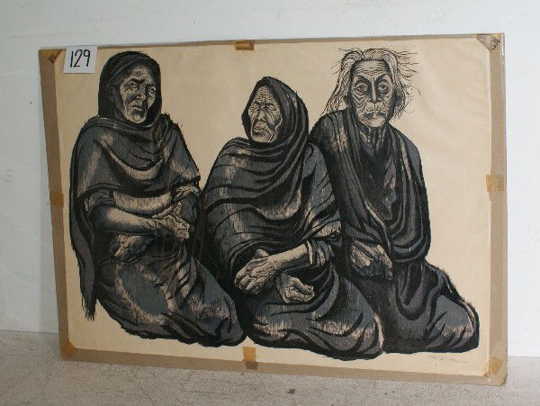 Moshe Gat.: Israel b. 1935 Tres Mujeres, print-woodcut, signed and dated: Moshe Gat. Mexico 1960. Sheet size: 26 1/2" x 37 1/2"
