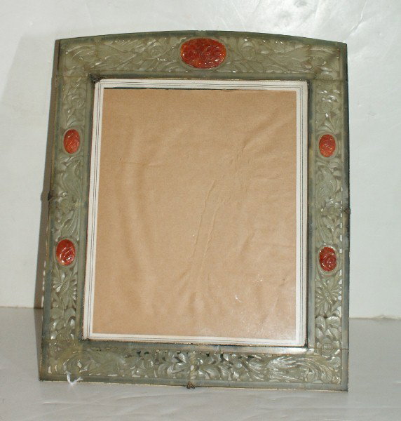 164.: Antique Chinese bronze, carved jade: and carnelian frame. 13 1/2" x 11 1/2"