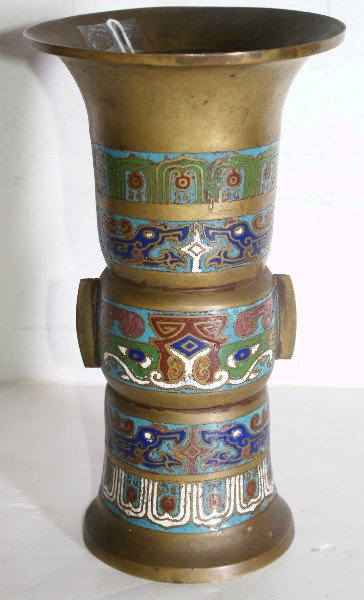 Chinese bronze and cloisonne beaker: or gu form vase with chop mark. 9 3/4"