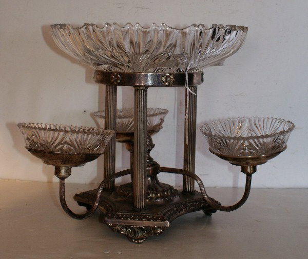 Victorian silver plated: and crystal epergne. H: 12" Diameter of center bowl: 11 3/4"