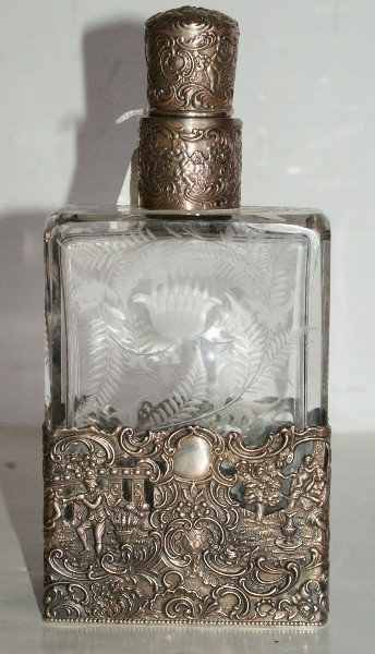 Black Starr & Frost sterling silver: and etched crystal decanter and stopper. 8 1/2"