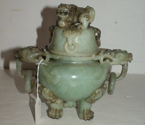 Chinese carved celadon jade censor with dragon: and ring handles and Foo dog finial. 7 3/4"