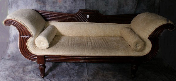 Sheraton style carved mahogany sofa. H: 34" W: 86": Sheraton style carved mahogany sofa. H: 34" W: 86" D: 26"