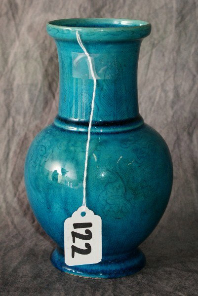 Chinese Republic period blue glaze porcelain vase: Chinese Republic period blue glaze porcelain vase with Sang Chong Co paper label. H: 8"