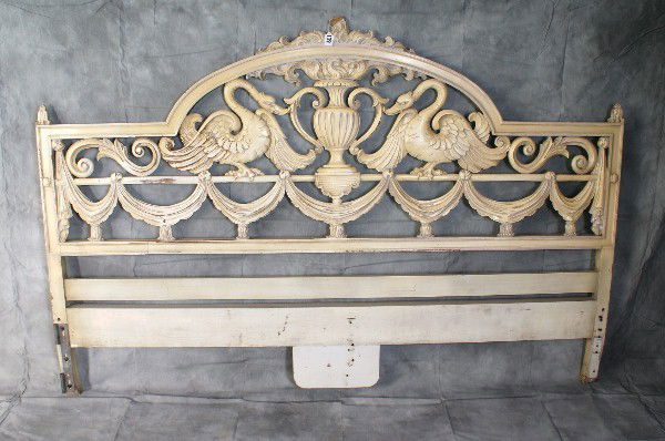 Adam Style carved and painted king size headboard: Adam style carved and painted king size headboard, centering an urn flanked by swans.