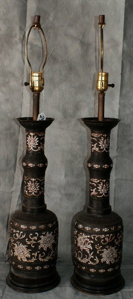 Pair of Chinese bronze and champlevé enamel vases: Pair of Chinese bronze and champlevé enamel vases mounted as lamp. Overall: 33"