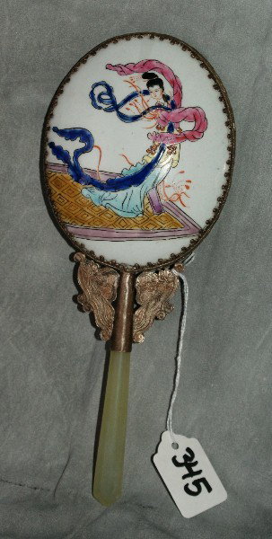 Chinese silver white jade and polychrome porcelain: Chinese silver white jade and polychrome porcelain hand mirror. 9 1/4"