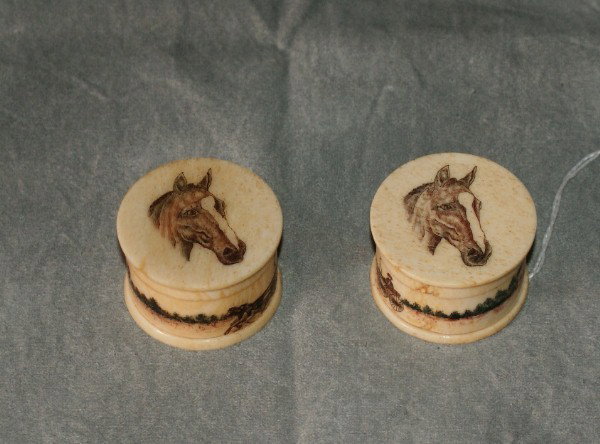 Two carved ivory pill boxes with polychrome horse: Two carved ivory pill boxes with polychrome horse decoration. 1 1/2"