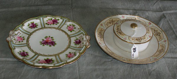 Nippon porcelain plate and porcelain covered bowl: Nippon porcelain plate and porcelain covered bowl on plate. D:10.25"