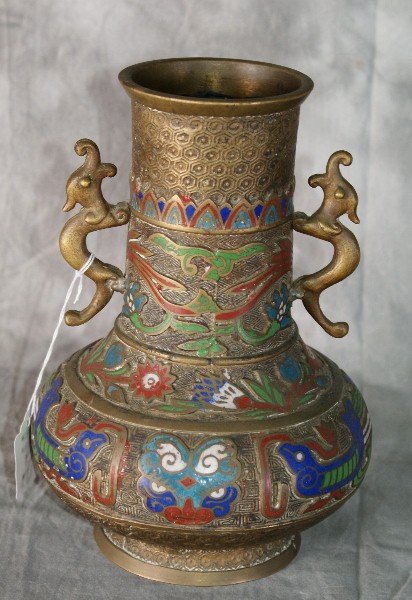Chinese bronze and champlevé enamel two-handled va: Chinese bronze and champlevé enamel two-handled vase. H: 9 1/4"
