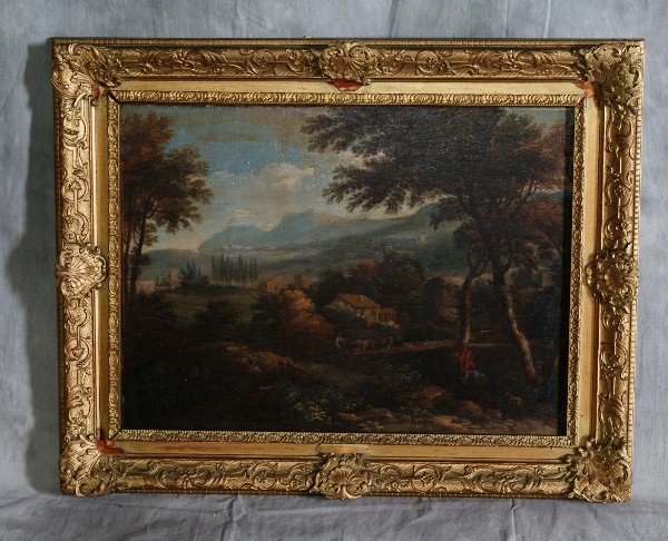 17th C old master oil on canvas: 17th C old master oil on canvas applied to wood in a carved frame with a name plate by: Gaspard Poussin also known as Gaspard Dughet.