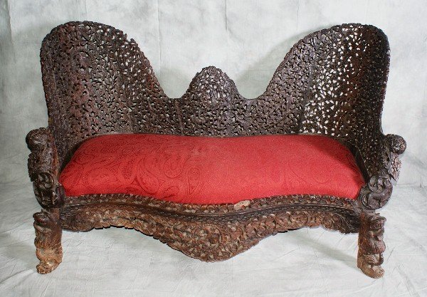 Carved Oriental openwork settee.: Large 19th C oriental heavily and very intricately carved Settee. L: 61"