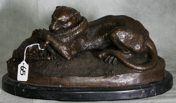 Bronze statue of panther and alligator in a fight. : Bronze statue of panther and alligator in a fight. H:8" L:15.5"