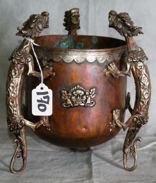 Chinese antique copper pot with silver decorations: Chinese antique copper pot with silver decorations held up by 3 silver dragons. H:9.25"D:8"