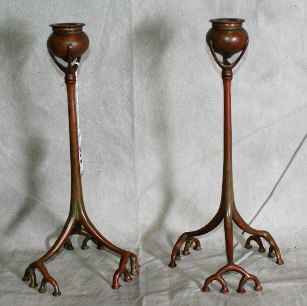 Tiffany Studios bronze root candlesticks, signed T: Tiffany Studios bronze root candlesticks, signed Tiffany Studios New York and Numbered1200 H:12.5"