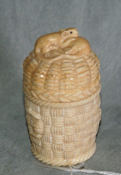 Marine ivory carved covered box with rats and beet: Marine ivory carved covered box with rats and beetles. H:2.5"