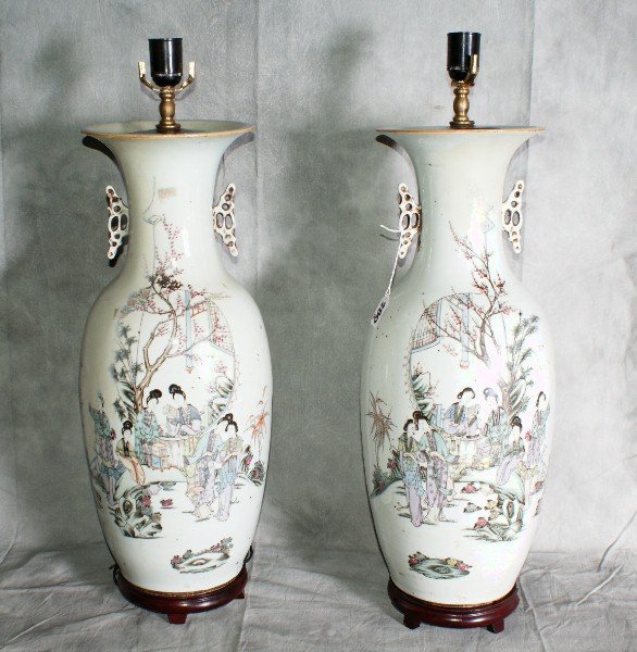 Pair chinese porcelain vases mounted as lamps: Pair chinese porcelain vases mounted as lamps. H:23"