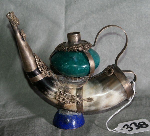 Chinese green jade and silver horn shaped teapot: Chinese green jade and silver horn shaped teapot. H:6" L:6"