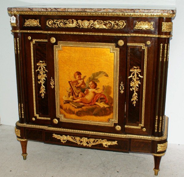 BEFORT JEUNE, 19th C French marble-top cabinet: centering a Vernis Martin paneled door, crisply cast ormolu bronze mounts, stamped: BEFORT JEUNE behind the Vernis Martin panel, French second half 19th century. H: 42 1 /4" W: 42" D: 18" Note: Mathie