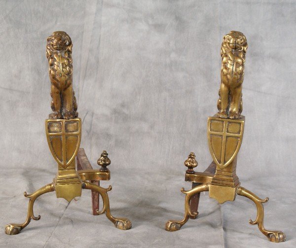 Pair of figural lion bronze andirons.H:17".: Pair of figural lion bronze andirons.H:17".