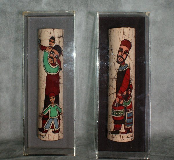 Two Judaica framed paintings on cloth SIGNED: Two framed paintings on cloth by A Jewish artist Amos Amit, famous for his batiks, resident of LA. .H:20.5"