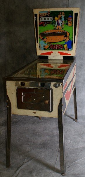 Gottlieb Mibs pinball machine made in 1969 and is: Gottlieb Mibs pinball machine made in 1969 and is a one player machine with Flippers (2),Pop bumpers (4), Slingshots (2), Standup targets (3). Backbox animation (balls are kicked into view as if marbl
