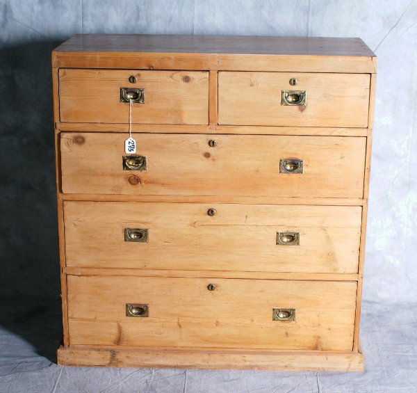 Five drawer Antique pine chest with side handles.: Five drawer Antique pine chest with side handles. H:36. 5" W:34. 5" D:16".