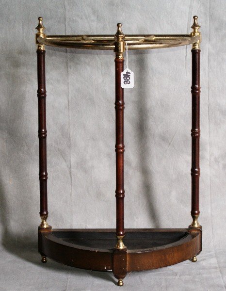 Wood and brass umbrella stand.: Wood and brass umbrella stand. H:24.5" W:16.5" D:8"