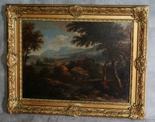 17th C old master oil on canvas: 17th C old master oil on canvas applied to wood in a carved frame with a name plate by: Gaspard Poussin also known as Gaspard Dughet. Site Size H:18.5" W:25" Overall size H:26" W:32.5