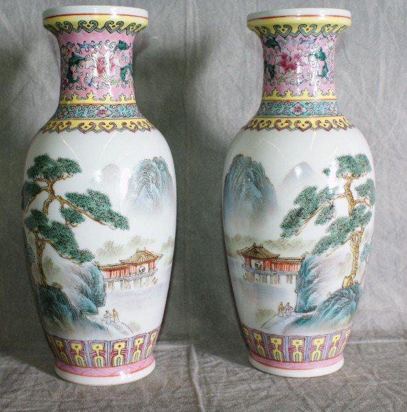 Pair republic period Chinese porcelain vases signe: Pair republic period Chinese porcelain vases signed on bottom. H:10.5".