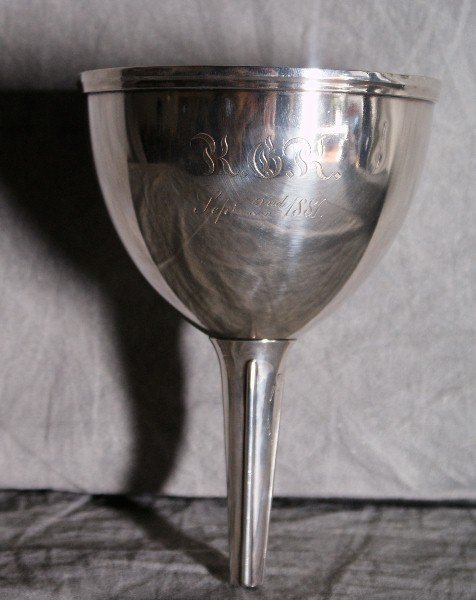 Silver wine funnel , marked Gorham and another ma: Silver wine funnel , marked Gorham and another mark which we cant make out and ahallmark. H:6.75" D:5.5".
