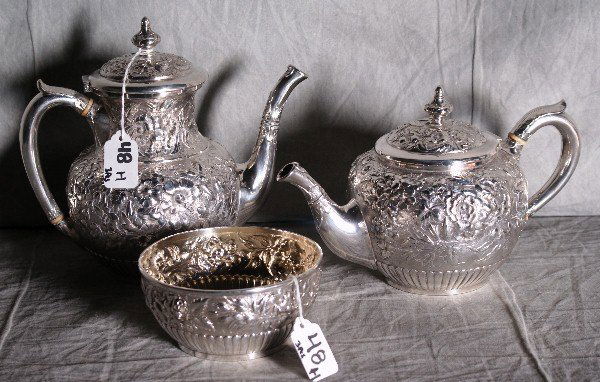 Tiffany & co silver repousse 3 piece: Tiffany & CO. silver repousse 3 piece coffee and tea set. Largest height 8.5"