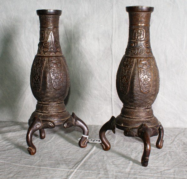 Pair 19th C Japanese bronze candle holders raised : Pair 19th C Japanese bronze candle holders raised on elephant trunks. H:10.5".