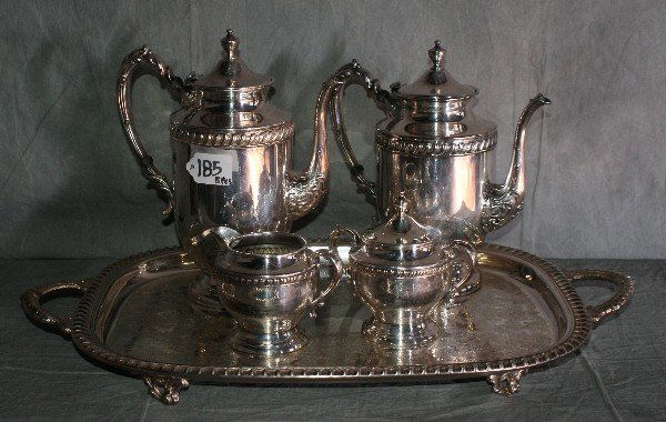 5 piece english silver plate tea and coffe set wi: 5 piece english silver plate tea and coffe set with tray. Largest piece. H:10.5".