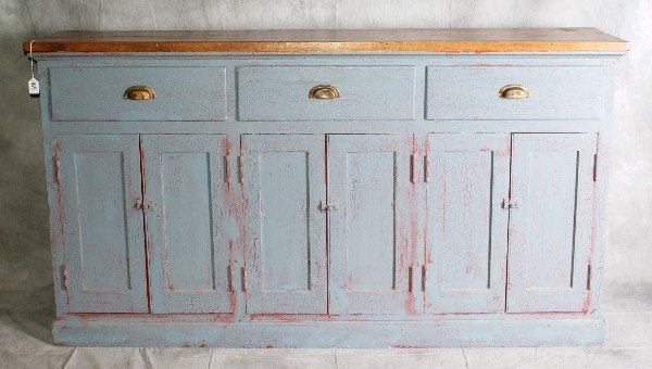 Large 19th C painted sideboard with 3 sets of door: Large 19th C painted sideboard with 3 sets of doors under 3 drawers. H:36" L:66.5" D:15"