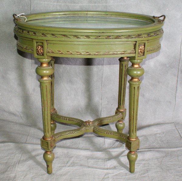 French green painted glass top tray table.: French green painted glass top tray table. H:23" D:22"